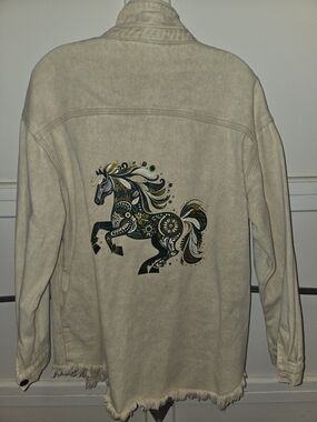Boho Folk Art Horse Jacket in Cream with Teal & Gold Accent Sz XL
